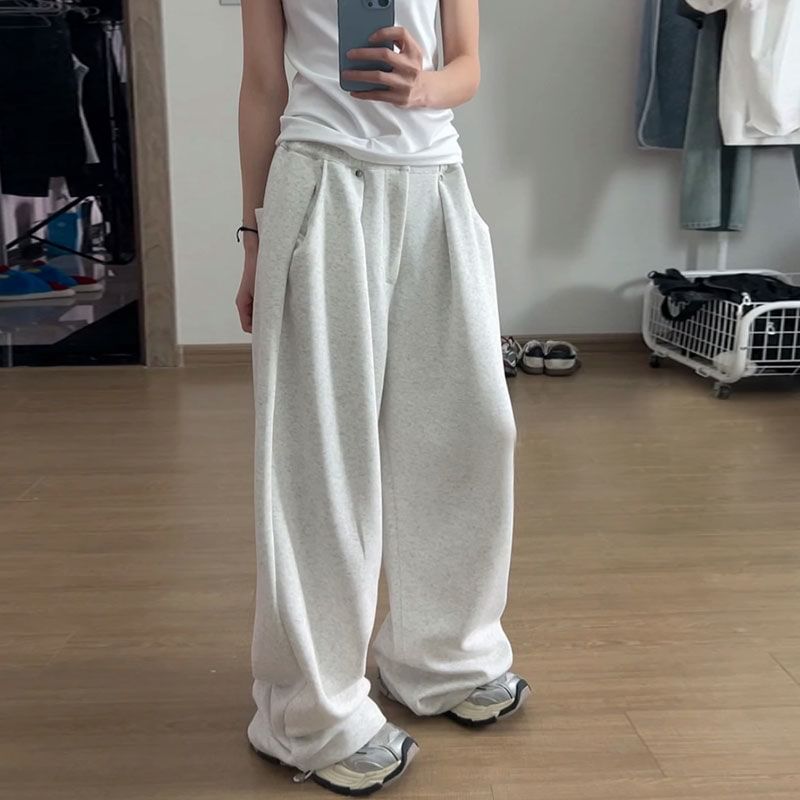 Low Rise Plain Studded Loose-Fit Wide-Leg Sweatpants SpreePicky