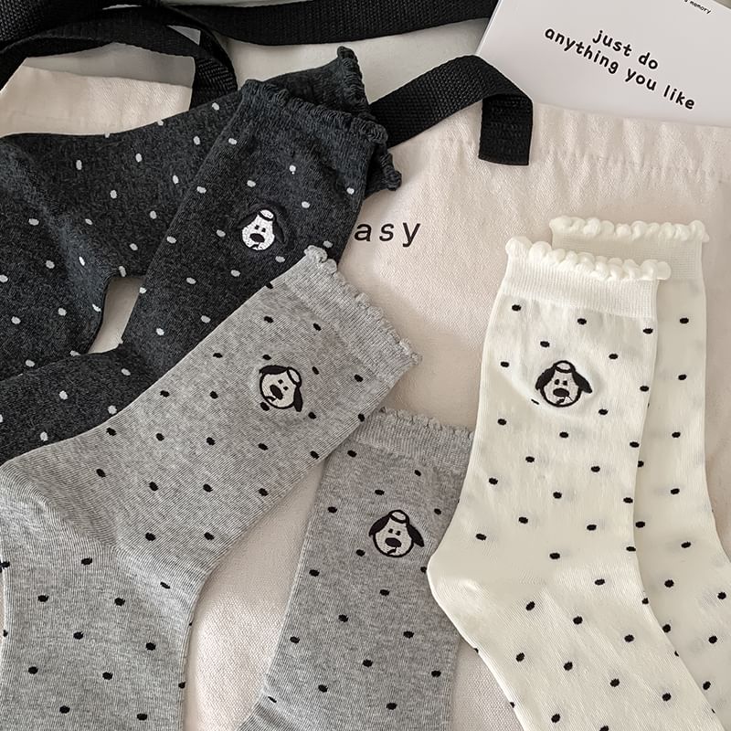 Dog Embroidered Dotted Socks / Set SpreePicky