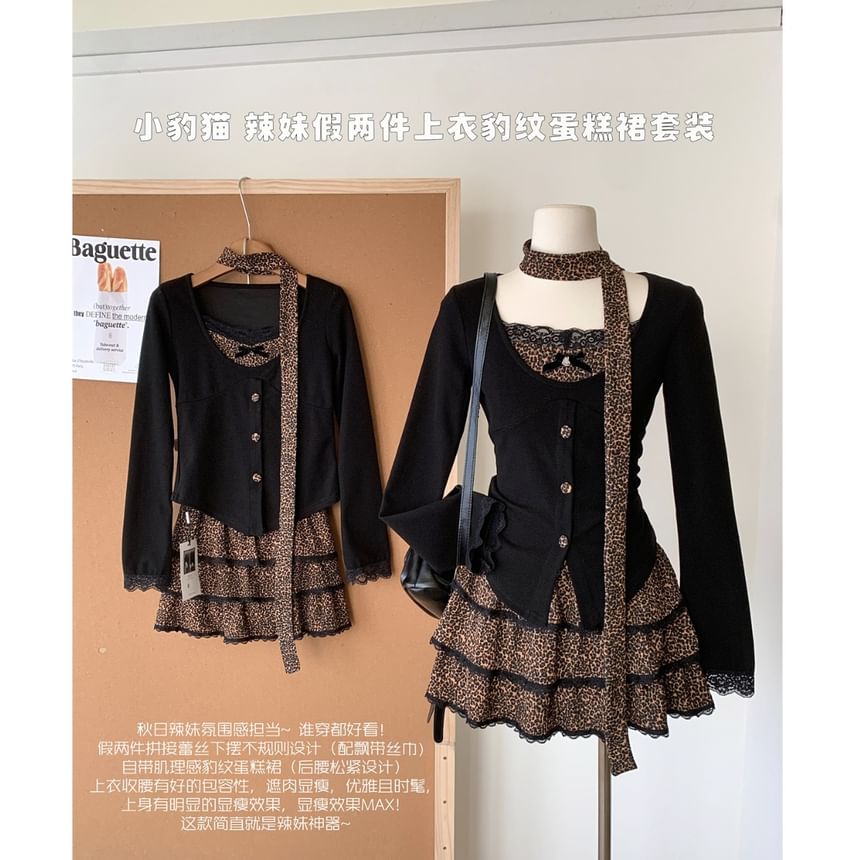 + Long-Sleeve High Waist Leopard V-Neck Set: Plain Tiered Mini Top Skirt Button-Up Print FashionChic