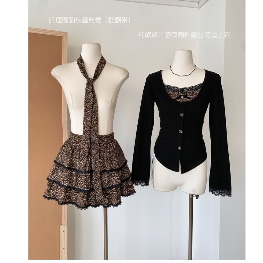 + Long-Sleeve High Waist Leopard V-Neck Set: Plain Tiered Mini Top Skirt Button-Up Print FashionChic