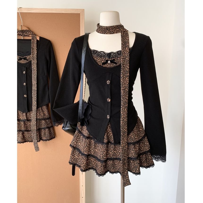 + Long-Sleeve High Waist Leopard V-Neck Set: Plain Tiered Mini Top Skirt Button-Up Print FashionChic