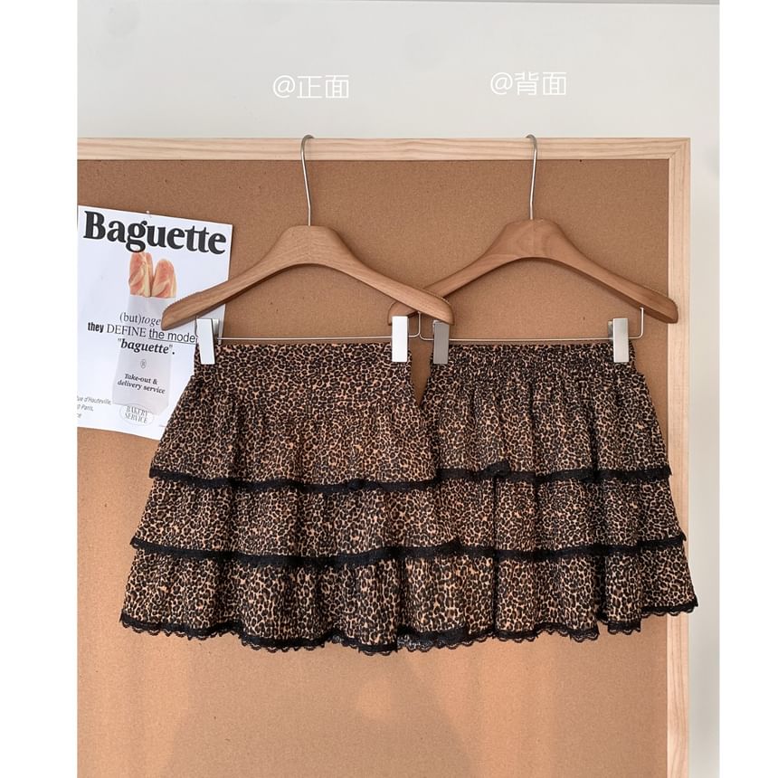 + Long-Sleeve High Waist Leopard V-Neck Set: Plain Tiered Mini Top Skirt Button-Up Print FashionChic