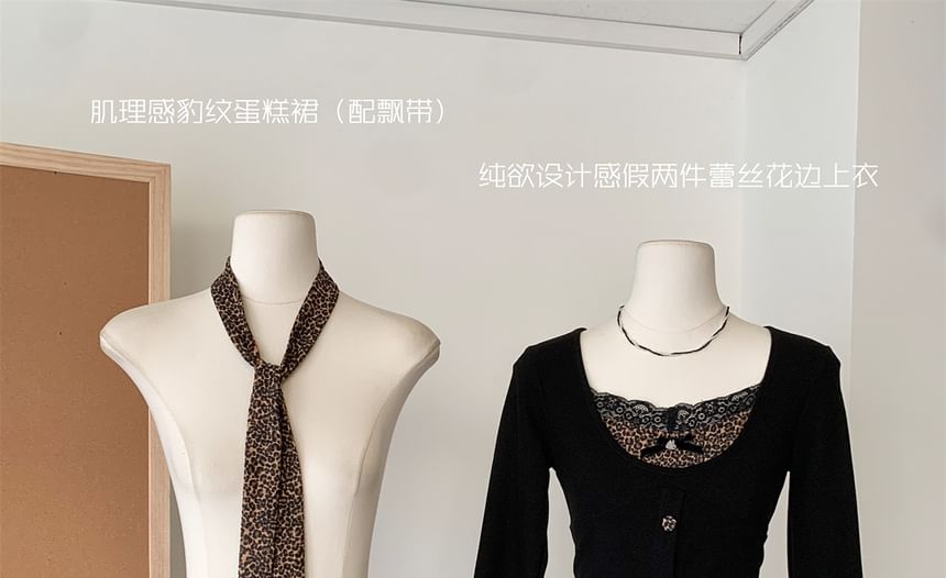 + Long-Sleeve High Waist Leopard V-Neck Set: Plain Tiered Mini Top Skirt Button-Up Print FashionChic