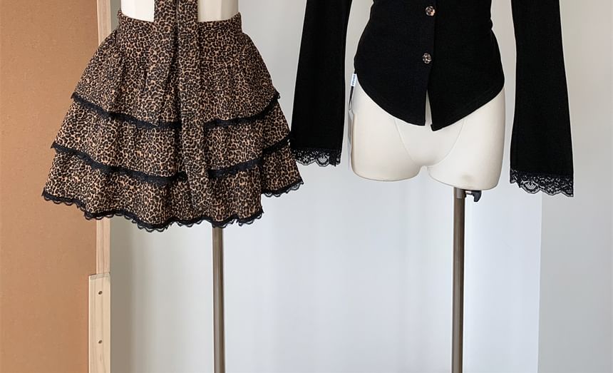 + Long-Sleeve High Waist Leopard V-Neck Set: Plain Tiered Mini Top Skirt Button-Up Print FashionChic