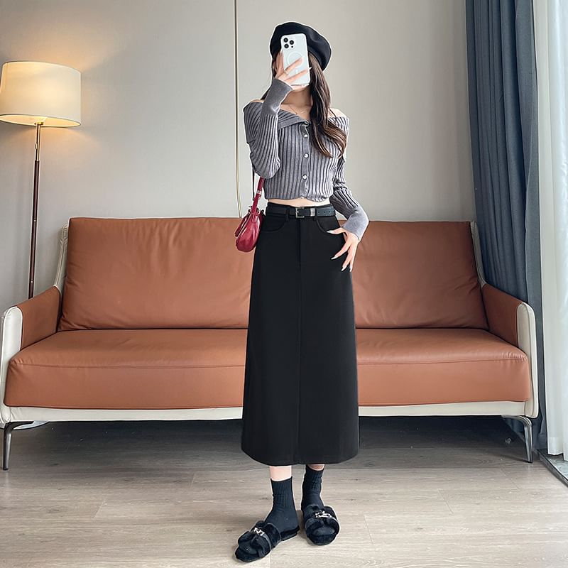 Set: High Rise Plain Midi A-Line Skirt + Belt SpreePicky