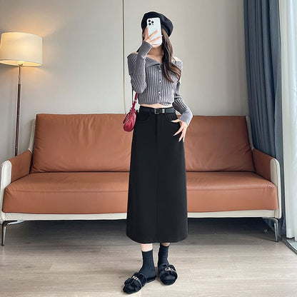 Set: High Rise Plain Midi A-Line Skirt + Belt SpreePicky