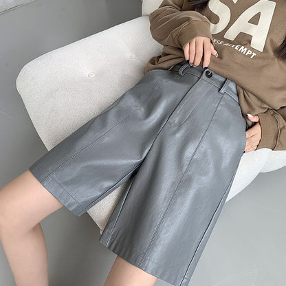 High Waist Plain Faux Leather Shorts SpreePicky