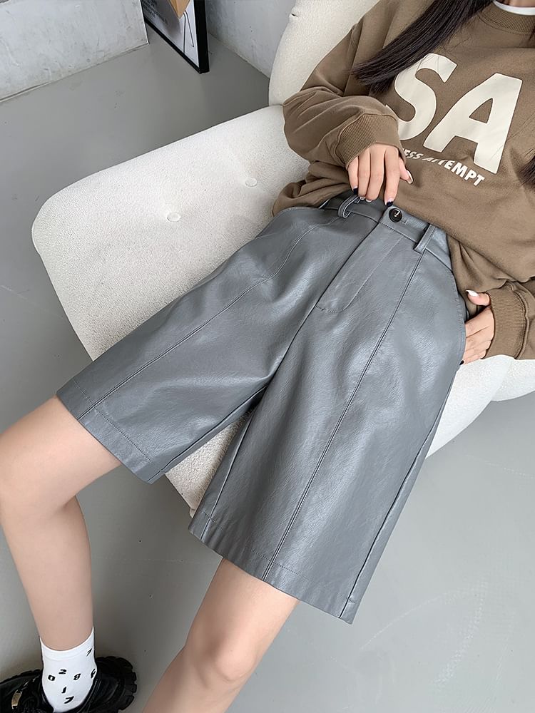 High Waist Plain Faux Leather Shorts SpreePicky