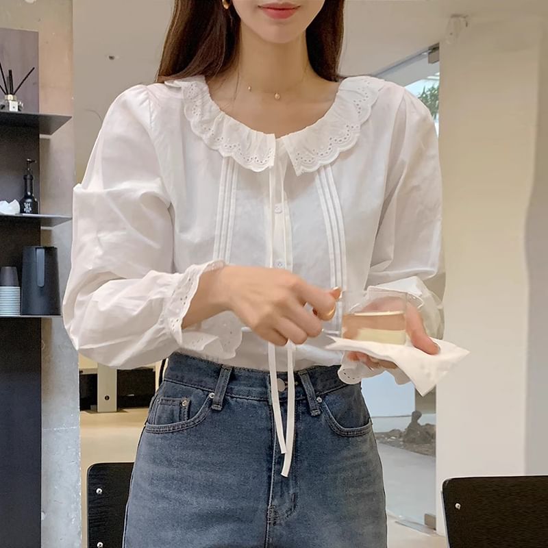 Long Sleeve Collared Plain Ruffle Pintuck Blouse SpreePicky