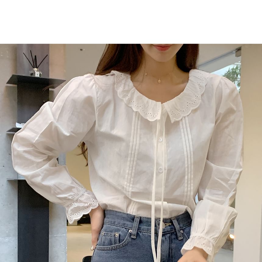 Long Sleeve Collared Plain Ruffle Pintuck Blouse SpreePicky