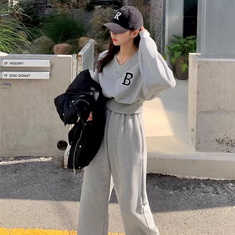 Set: V-Neck Lettering Pullover + Elastic Waist Plain Wide Leg Sweatpants SpreePicky