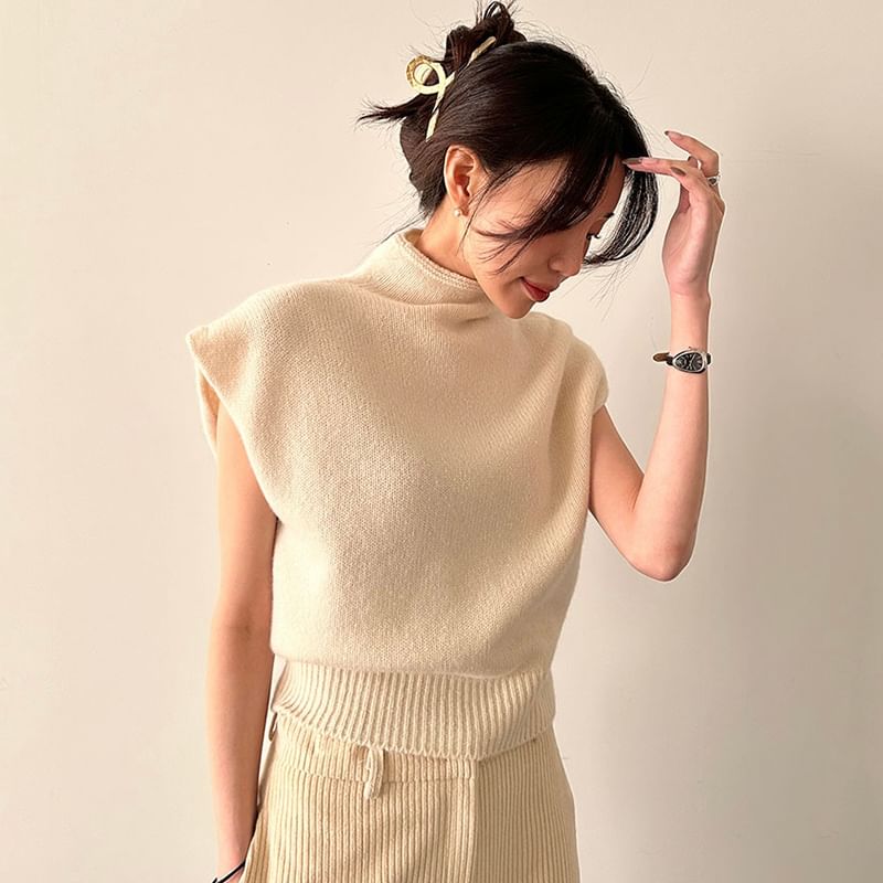 Cap Sleeve Mock Neck Plain Knit Top SpreePicky