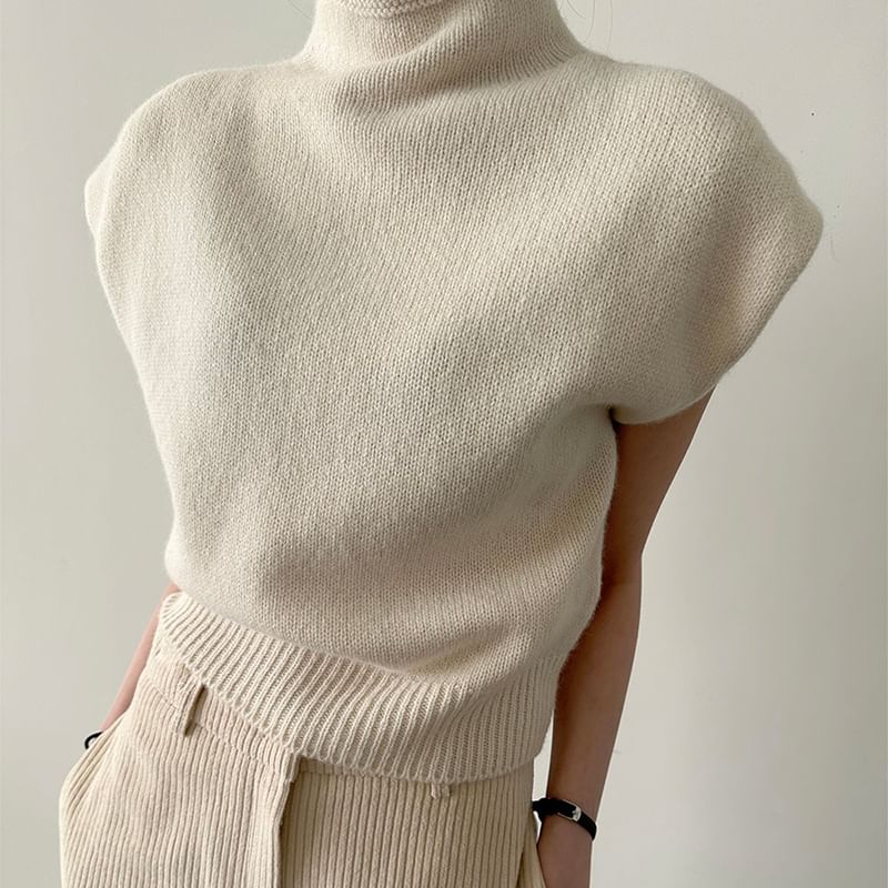 Cap Sleeve Mock Neck Plain Knit Top SpreePicky