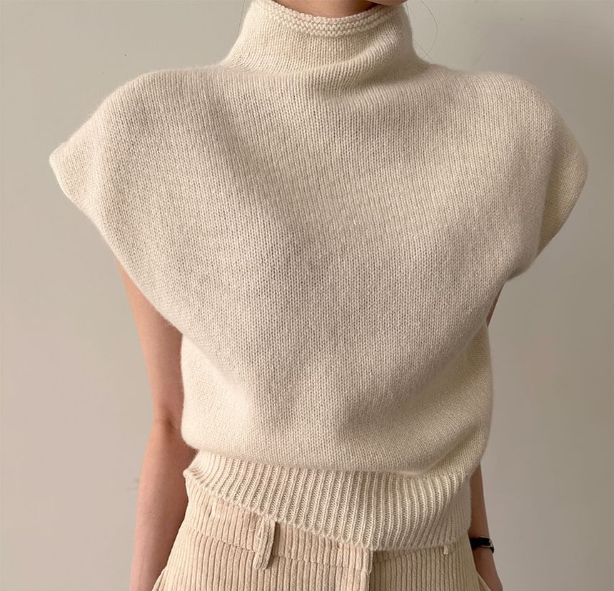 Cap Sleeve Mock Neck Plain Knit Top SpreePicky