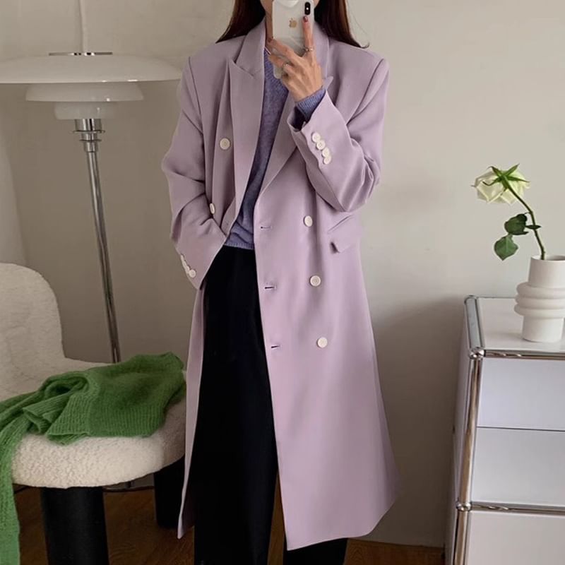 Peak Lapel Plain Midi Double Breasted Coat SpreePicky