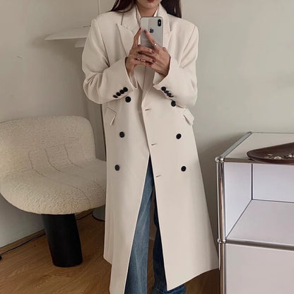 Peak Lapel Plain Midi Double Breasted Coat SpreePicky