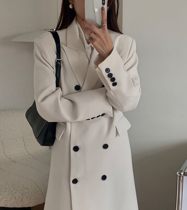 Peak Lapel Plain Midi Double Breasted Coat SpreePicky