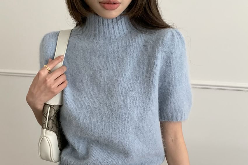 Set: Short Sleeve Mock Neck Plain Sweater + Arm Sleeves SpreePicky