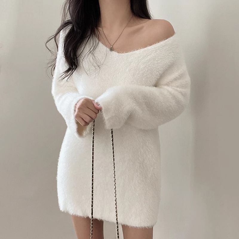 V-Neck Plain Oversized Sweater SpreePicky