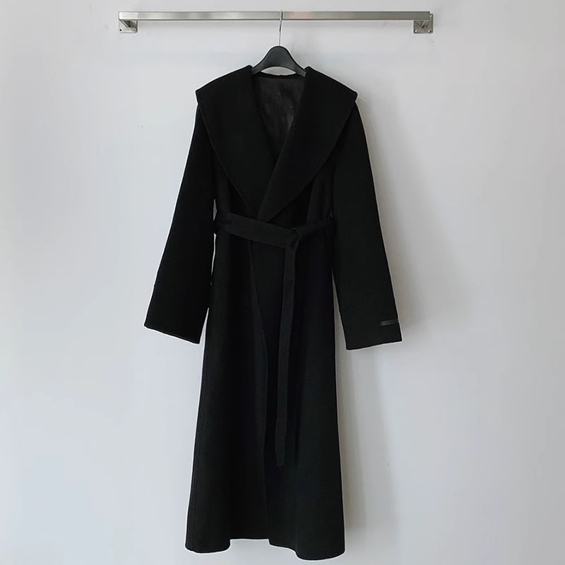 Collared Plain Midi Tie Front Coat SpreePicky