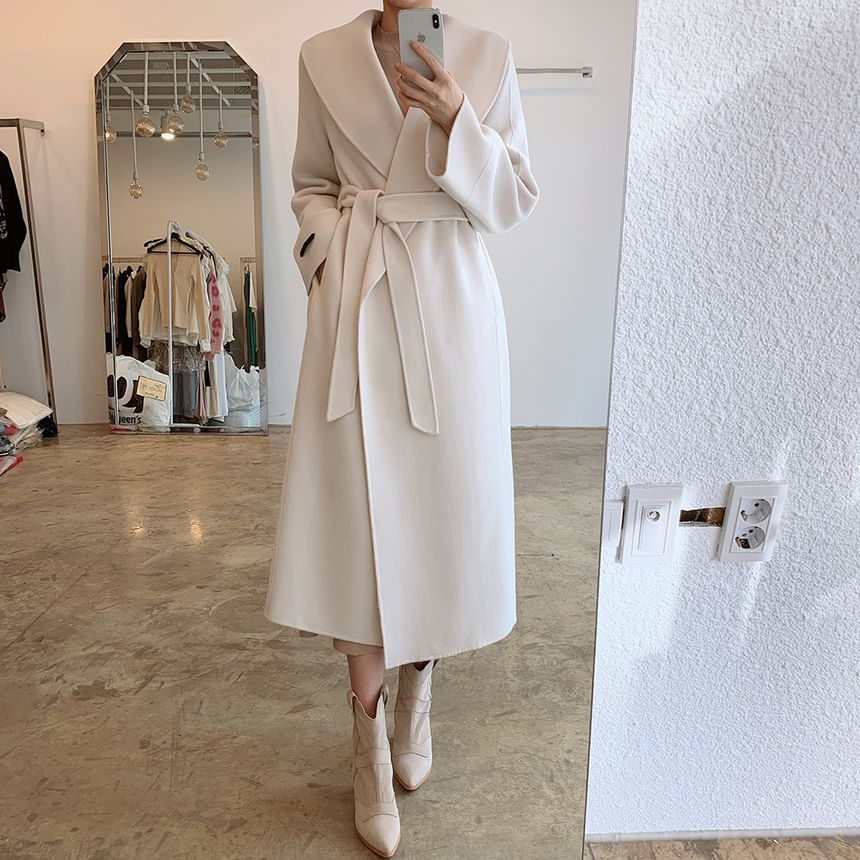 Collared Plain Midi Tie Front Coat SpreePicky