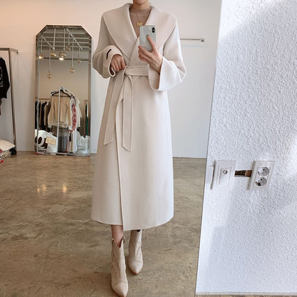 Collared Plain Midi Tie Front Coat SpreePicky