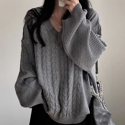 V-Neck Plain Cable Knit Sweater SpreePicky