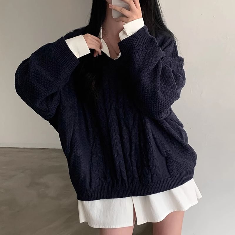 V-Neck Plain Cable Knit Sweater SpreePicky