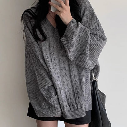 V-Neck Plain Cable Knit Sweater SpreePicky