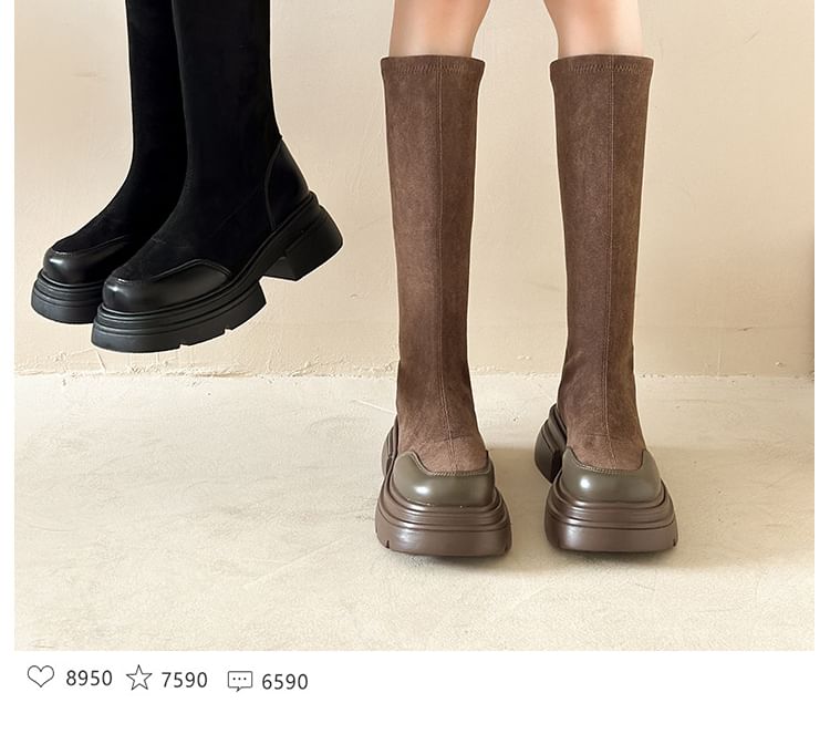 Pull-On Knee-High Boots With Chunky-Heel SpreePicky