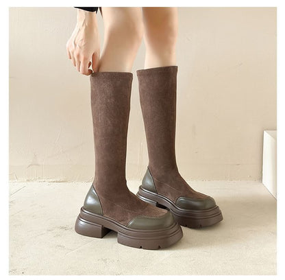 Pull-On Knee-High Boots With Chunky-Heel SpreePicky