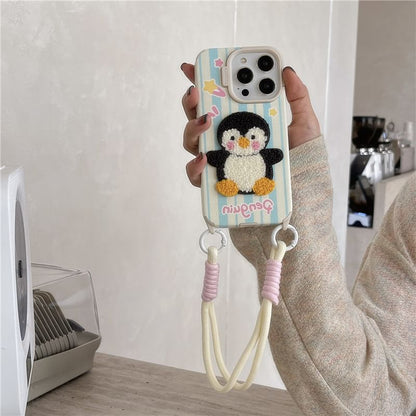 Penguin Embroidered Phone Case / Strap / Set - iPhone 16 Pro Max / 16 Pro / 16 Plus / 16 / 15 Pro Max / 15 Pro / 15 Plus / 15 / 14 Pro Max / 14 Pro / 14 Plus / 14 / 13 Pro Max / 13 Pro / 13 / 13 Mini SpreePicky