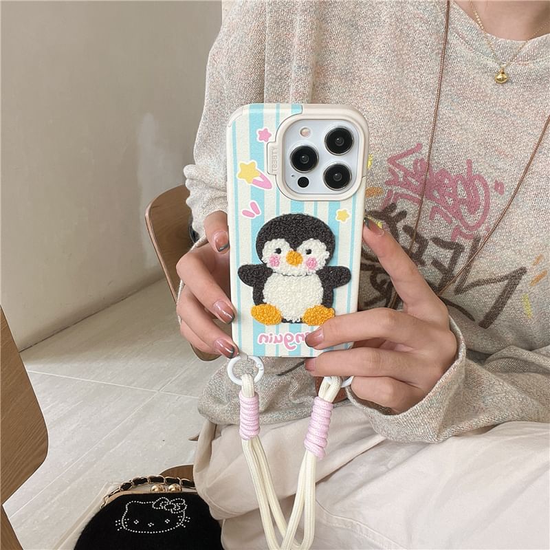 Penguin Embroidered Phone Case / Strap / Set - iPhone 16 Pro Max / 16 Pro / 16 Plus / 16 / 15 Pro Max / 15 Pro / 15 Plus / 15 / 14 Pro Max / 14 Pro / 14 Plus / 14 / 13 Pro Max / 13 Pro / 13 / 13 Mini SpreePicky