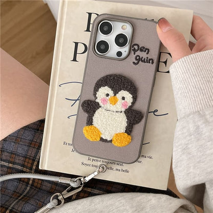 Penguin Embroidered Phone Case / Faux Leather Strap / Set - iPhone 16 Pro Max / 16 Pro / 16 Plus / 16 / 15 Pro Max / 15 Pro / 15 Plus / 15 / 14 Pro Max / 14 Pro / 14 Plus / 14 / 13 Pro Max / 13 Pro / 13 / 13 Mini SpreePicky