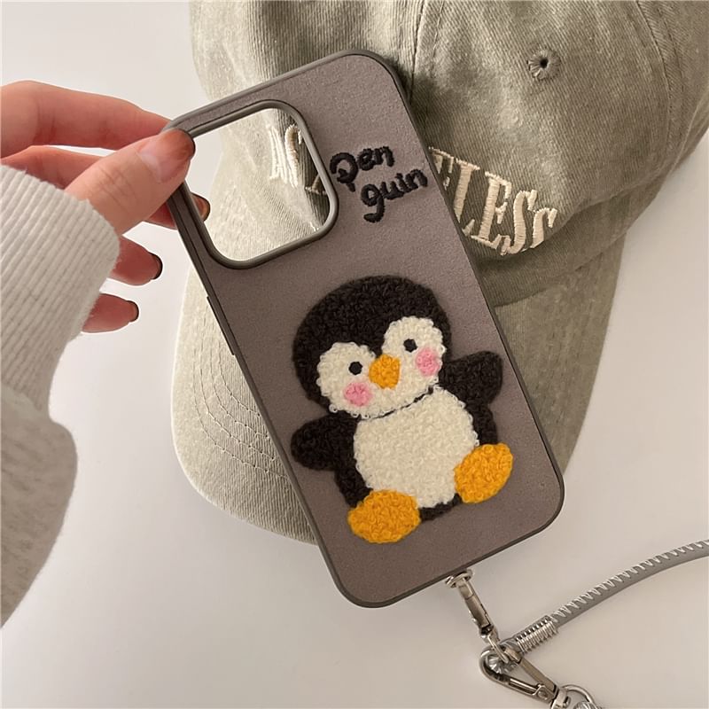 Penguin Embroidered Phone Case / Faux Leather Strap / Set - iPhone 16 Pro Max / 16 Pro / 16 Plus / 16 / 15 Pro Max / 15 Pro / 15 Plus / 15 / 14 Pro Max / 14 Pro / 14 Plus / 14 / 13 Pro Max / 13 Pro / 13 / 13 Mini SpreePicky