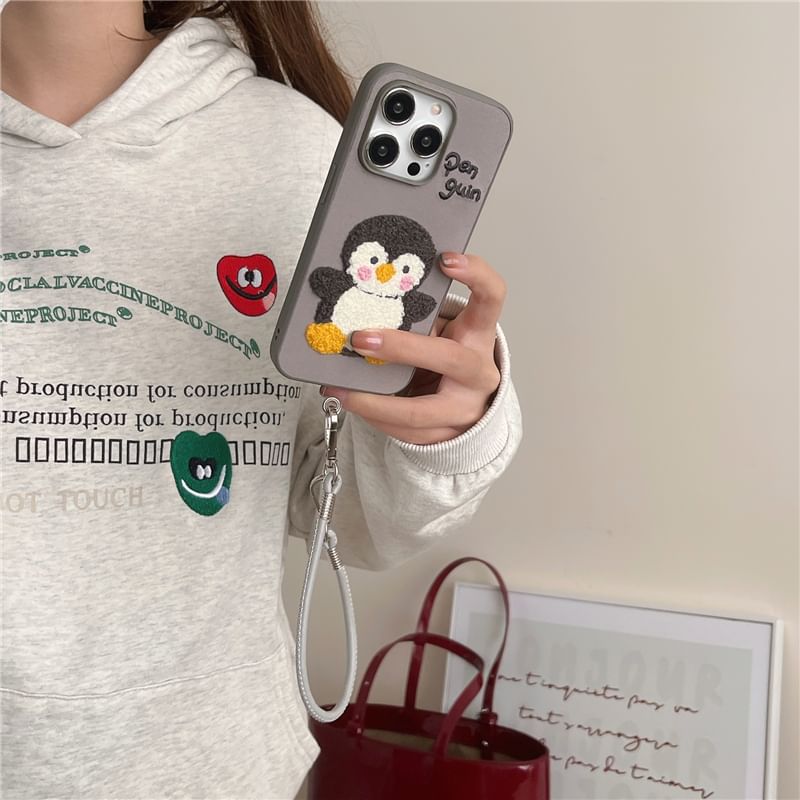 Penguin Embroidered Phone Case / Faux Leather Strap / Set - iPhone 16 Pro Max / 16 Pro / 16 Plus / 16 / 15 Pro Max / 15 Pro / 15 Plus / 15 / 14 Pro Max / 14 Pro / 14 Plus / 14 / 13 Pro Max / 13 Pro / 13 / 13 Mini SpreePicky