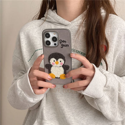 Penguin Embroidered Phone Case / Faux Leather Strap / Set - iPhone 16 Pro Max / 16 Pro / 16 Plus / 16 / 15 Pro Max / 15 Pro / 15 Plus / 15 / 14 Pro Max / 14 Pro / 14 Plus / 14 / 13 Pro Max / 13 Pro / 13 / 13 Mini SpreePicky