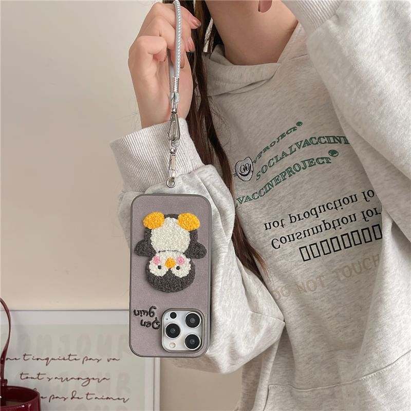 Penguin Embroidered Phone Case / Faux Leather Strap / Set - iPhone 16 Pro Max / 16 Pro / 16 Plus / 16 / 15 Pro Max / 15 Pro / 15 Plus / 15 / 14 Pro Max / 14 Pro / 14 Plus / 14 / 13 Pro Max / 13 Pro / 13 / 13 Mini SpreePicky