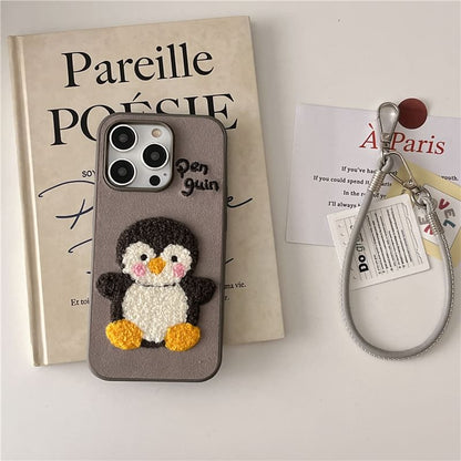 Penguin Embroidered Phone Case / Faux Leather Strap / Set - iPhone 16 Pro Max / 16 Pro / 16 Plus / 16 / 15 Pro Max / 15 Pro / 15 Plus / 15 / 14 Pro Max / 14 Pro / 14 Plus / 14 / 13 Pro Max / 13 Pro / 13 / 13 Mini SpreePicky