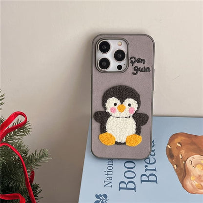 Penguin Embroidered Phone Case / Faux Leather Strap / Set - iPhone 16 Pro Max / 16 Pro / 16 Plus / 16 / 15 Pro Max / 15 Pro / 15 Plus / 15 / 14 Pro Max / 14 Pro / 14 Plus / 14 / 13 Pro Max / 13 Pro / 13 / 13 Mini SpreePicky