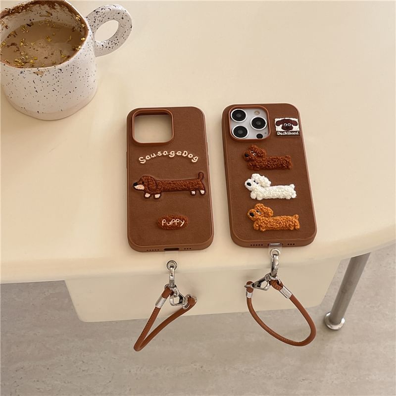 Dog Embroidered Phone Case / Strap / Set - iPhone 16 Pro Max / 16 Pro / 16 Plus / 16 / 15 Pro Max / 15 Pro / 15 Plus / 15 / 14 Pro Max / 14 Pro / 14 Plus / 14 / 13 Pro Max / 13 Pro / 13 / 13 Mini SpreePicky