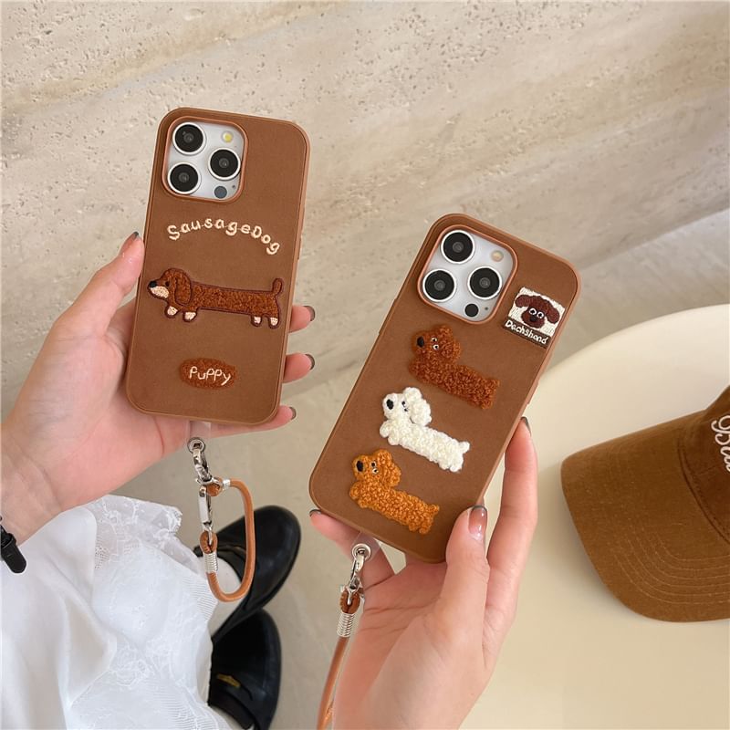 Dog Embroidered Phone Case / Strap / Set - iPhone 16 Pro Max / 16 Pro / 16 Plus / 16 / 15 Pro Max / 15 Pro / 15 Plus / 15 / 14 Pro Max / 14 Pro / 14 Plus / 14 / 13 Pro Max / 13 Pro / 13 / 13 Mini SpreePicky