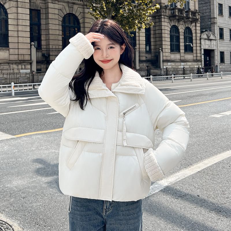 Collared Plain Zip-Up Puffer Jacket SpreePicky