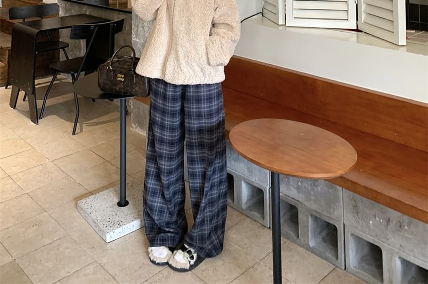 Hooded Plain Fleece Zip Up Jacket / Mid Waist Plaid Wide Leg Pants SpreePicky