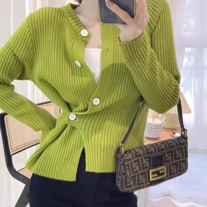 Asymmetrical Ribbed-Knit Round-Neck Cardigan in 5 Colors SpreePicky