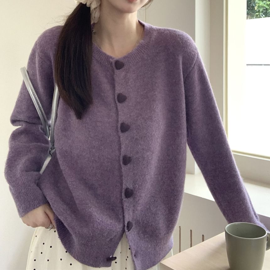 Heart-Button Round-Neck Cardigan SpreePicky