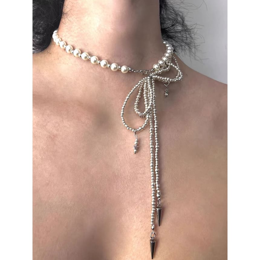 Faux Pearl Beaded Lariat Necklace / Bow Drop Earring SpreePicky