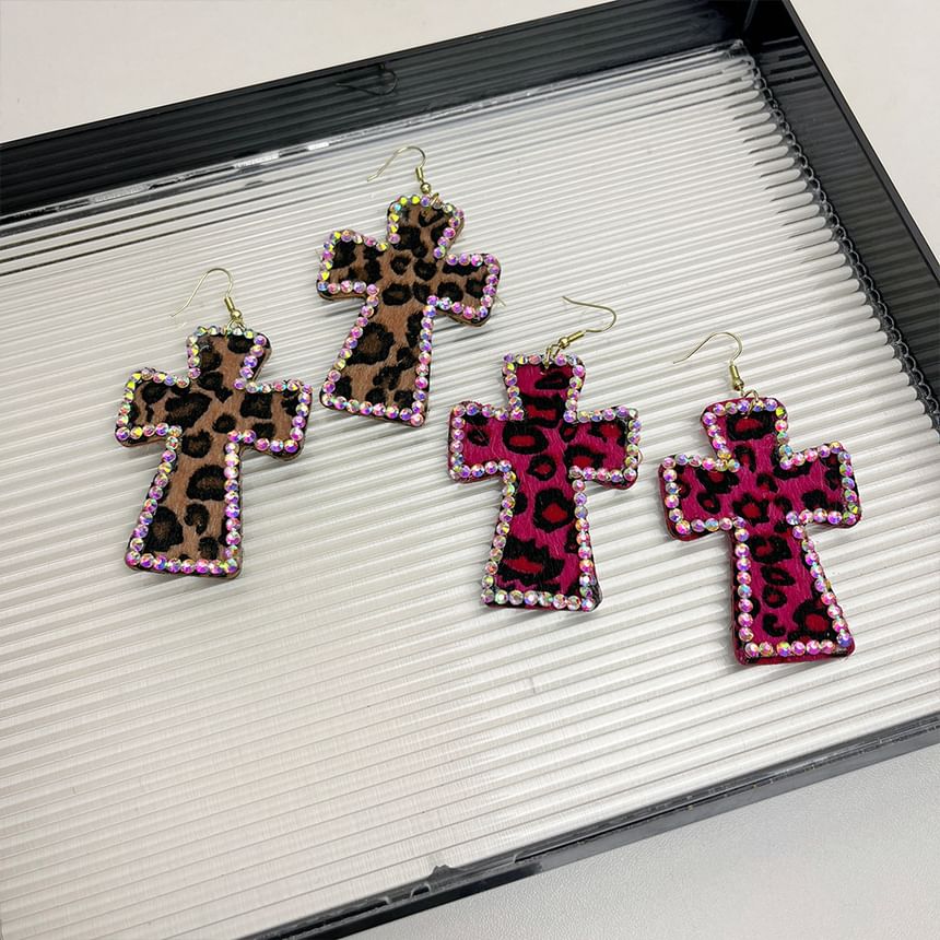 Rhinestone Leopard Cross Drop Earring SpreePicky