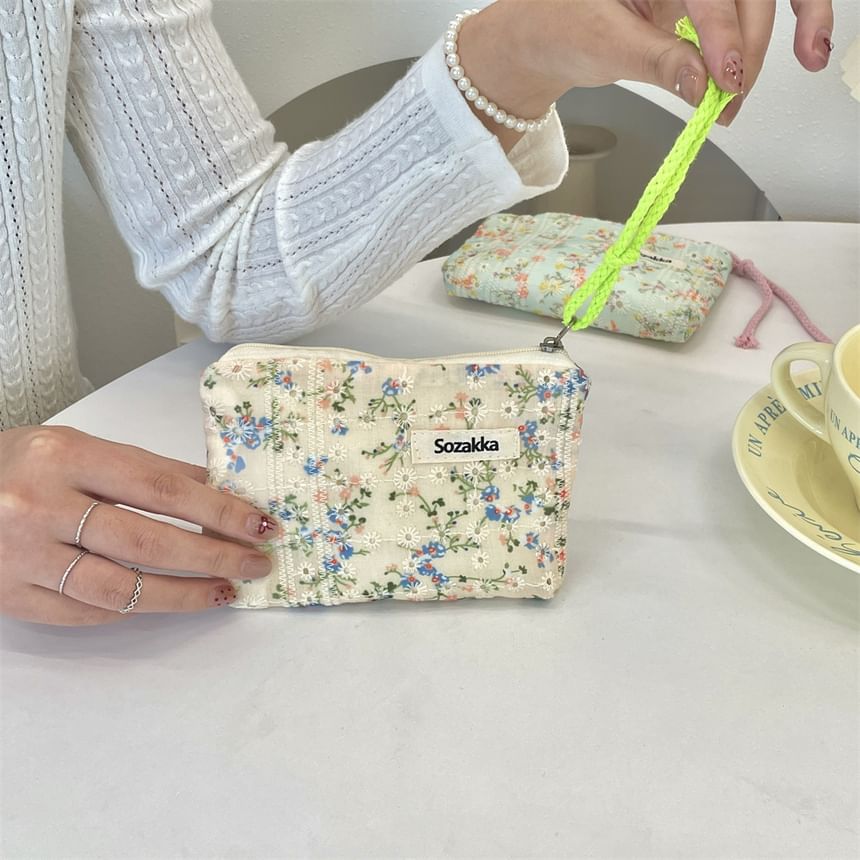 Lettering Floral Print Cosmetic Pouch SpreePicky