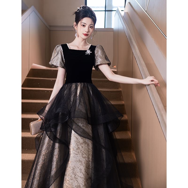 Gown Mesh Neck Evening A-Line Short-Sleeve Square FashionChic